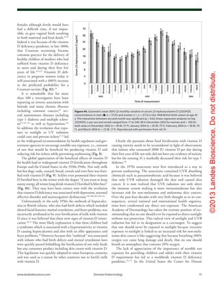 ©2013LandesBioscience.Donotdistribute.
www.landesbioscience.com	Dermato-Endocrinology	 75
Clearly the paranoia about food fortification with vitamin D
causing toxicity needs to be reconsidered in light of observations
that infants who consumed 2000 IU vitamin D per day during
their first year of life not only did not have any evidence of toxicity
but for the ensuing 31 y markedly decreased their risk for type 1
diabetes.145
In the 1970s sunscreens were first introduced as a way to
prevent sunburning. The sunscreens contained UVB absorbing
chemicals such as paraaminobezoic acid because it was believed
that only UVB radiation damaged the skin and caused skin
cancer. It is now realized that UVA radiation not only alters
the immune system making it more immunotolerant but also
increases risk for non-melanoma and melanoma skin cancers.
Over the past four decades with very little thought as to its con-
sequences, several national and international health organiza-
tions have condemned any direct sun exposure. The American
Academy of Dermatology has taken the extreme position of rec-
ommending that no one should ever be exposed to direct sunlight
without sun protection. This radical view of sunlight and UVB
radiation has led to its designation as a carcinogen. To suggest
that one should never be exposed to sunlight because excessive
exposure to sunlight is linked to an increased risk for non-mela-
noma skin cancer is like suggesting that because breathing 100%
oxygen can cause lung damage and death, that no one should
breath an atmosphere that contains 20% oxygen.
The lack of appreciation of the importance of sensible sun
exposure for providing children and adults with their vitamin
D requirement has led to a worldwide vitamin D deficiency
pandemic.22,173
In the United States the Center for Disease
females although fertile would have
had a difficult time, if not impos-
sible, to give vaginal birth resulting
in both maternal and fetal death.54,55
Indeed it was because of the vitamin
D deficiency pandemic in late 1800s
that Cesarean sectioning became
common practice for the delivery of
healthy children of mothers who had
suffered from vitamin D deficiency
in utero and during their first few
years of life.8,54,55
Vitamin D defi-
ciency in pregnant women today is
still associated with a 400% increase
in the predicted probability for a
Cesarean section (Fig. 83).54
It is remarkable that for more
than 100 y investigators have been
reporting an inverse association with
latitude and many chronic illnesses
including common cancers,85
sev-
eral autoimmune diseases including
type 1 diabetes and multiple sclero-
sis73,134-139
as well as hypertension.159
In addition the revelation that expo-
sure to sunlight or UV radiation
could cure and prevent rickets12,13
led
to the widespread recommendation by health regulators and gov-
ernment agencies to encourage sensible sun exposure, i.e., amount
of sun that would be beneficial for producing vitamin D and
reducing risk for rickets while preventing sunburning (Fig. 8).
The global appreciation of the beneficial effects of vitamin D
for health lead to widespread vitamin D fortification throughout
Europe and the United States in the 1930s-1940s. Not only milk
but hot dogs, soda, custard, bread, cereals and even beer was forti-
fied with vitamin D (Fig. 9). Schlitz even promoted their vitamin
D fortified beer in the winter with the slogan “if you want to keep
sunnyenergyallwinterlongdrinkvitaminDfortifiedSchlitzbeer”
(Fig. 84). They may have been correct now with the revelation
that vitamin D deficiency was associated with depression, seasonal
affective disorder and neurocognitive dysfunction.198-200,202,203,210
Unfortunately in the early 1950s the outbreak of hypercalce-
mia in British infants, who also had birth defects which included
altered facial features, mental retardation, and heart problems, was
incorrectly attributed to be over fortification of milk with vitamin
D since it was believed that these were signs of vitamin D intoxi-
cation.20,22
The more likely explanation is that these children had
a syndrome which is associated with a hypersensitivity to vitamin
D causing hypercalcemia and also with an elfin appearance and
heart problems.20
However because this “outbreak” was associated
with infants who had birth defects and mental retardation laws
were quickly passed forbidding the fortification of not only foods
but any consumer product including skin cream with vitamin D.
This legislation was quickly adopted in most European countries
and was used as a reason by other countries not to fortify milk
with vitamin D.
Figure 44. Geometric mean (95% CI) monthly variation in serum 25-hydroxyvitamin D [25(OH)D]
concentrations in men (■; n = 3725) and women (□; n = 3712) in the 1958 British birth cohort at age 45
y. The interaction between sex and month was significant [p = 0.02, linear regression analyses on log
25(OH)D]. n per sex and month ranged from 17 to 340: 98 in December 2003 for women and < 100 for
both sexes in December 2002 (n = 40 M, 37 F), January 2004 (n = 95 M, 75 F), February 2004 (n = 58 M, 70
F), and March 2004 (n = 22 M, 17 F). Reproduced with permission from ref. 61.
 