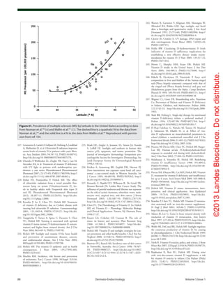 ©2013LandesBioscience.Donotdistribute.
88	 Dermato-Endocrinology	Volume 5 Issue 1
242.	Warren R, Gartstein V, Kligman AM, Montagna W,
Allendorf RA, Ridder GM. Age, sunlight, and facial
skin: a histologic and quantitative study. J Am Acad
Dermatol 1991; 25:751-60; PMID:1802896; http://
dx.doi.org/10.1016/S0190-9622(08)80964-4.
243.	Cleaver JE, Crowley E. UV damage, DNA repair and
skin carcinogenesis. Front Biosci 2002; 7:d1024-43;
PMID:11897551.
244.	Hollis BW. Circulating 25-hydroxyvitamin D levels
indicative of vitamin D sufficiency: implications for
establishing a new effective dietary intake recom-
mendation for vitamin D. J Nutr 2005; 135:317-22;
PMID:15671234.
245.	Moore C, Murphy MM, Keast DR, Holick MF.
Vitamin D intake in the United States. J Am Diet
Assoc 2004; 104:980-3; PMID:15175600; http://
dx.doi.org/10.1016/j.jada.2004.03.028.
246.	Käkelä R, Hyvärinen H, Vainiotalo P. Fatty acid
composition in liver and blubber of the Saimaa ringed
seal (Phoca hispida saimensis) compared with that of
the ringed seal (Phoca hispida botnica) and grey seal
(Halichoerus grypus from the Baltic. Comp Biochem
Physiol B 1993; 105:553-65; PMID:8365111; http://
dx.doi.org/10.1016/0305-0491(93)90088-M.
247.	Wagner CL, Greer FR. Breastfeeding atSo, Nutrition
Co. Prevention of Rickets and Vitamin D Deficiency
in Infants, Children, and Adolescents. Pediatr 2008;
122:1142-52; http://dx.doi.org/10.1542/peds.2008-
1862.
248.	Shah BR, Finberg L. Single-day therapy for nutritional
vitamin D-deficiency rickets: a preferred method. J
Pediatr 1994; 125:487-90; PMID:8071764; http://
dx.doi.org/10.1016/S0022-3476(05)83303-7.
249.	El-Hajj Fuleihan G, Nabulsi M, Tamim H, Maalouf
J, Salamoun M, Khalife H, et al. Effect of vita-
min D replacement on musculoskeletal parameters in
school children: a randomized controlled trial. J Clin
Endocrinol Metab 2006; 91:405-12; PMID:16278262;
http://dx.doi.org/10.1210/jc.2005-1436.
250.	 Heaney RP, Davies KM, Chen TC, Holick MF, Barger-
Lux MJ. Human serum 25-hydroxycholecalciferol
response to extended oral dosing with cholecalciferol.
Am J Clin Nutr 2003; 77:204-10; PMID:12499343.
251.	Malabanan A, Veronikis IE, Holick MF. Redefining
vitamin D insufficiency. Lancet 1998; 351:805-6;
PMID:9519960; http://dx.doi.org/10.1016/S0140-
6736(05)78933-9.
252.	 Pietras SM, Obayan BK, Cai MH, Holick MF. Vitamin
D2
treatment for vitamin D deficiency and insufficiency
for up to 6 years. Arch Intern Med 2009; 169:1806-8;
PMID:19858440; http://dx.doi.org/10.1001/archin-
ternmed.2009.361.
253.	Holick MF. Vitamin D status: measurement, inter-
pretation, and clinical application. Ann Epidemiol
2009; 19:73-8; PMID:18329892; http://dx.doi.
org/10.1016/j.annepidem.2007.12.001.
254.	Koutkia P, Chen TC, Holick MF. Vitamin D intoxica-
tion associated with an over-the-counter supplement.
N Engl J Med 2001; 345:66-7; PMID:11439958;
http://dx.doi.org/10.1056/NEJM200107053450115.
255.	Adams JS, Lee G. Gains in bone mineral density with
resolution of vitamin D intoxication. Ann Intern
Med 1997; 127:203-6; PMID:9245225; http://dx.doi.
org/10.7326/0003-4819-127-3-199708010-00004.
256.	Webb AR, DeCosta BR, Holick MF. Sunlight regulates
the cutaneous production of vitamin D3
by causing
its photodegradation. J Clin Endocrinol Metab 1989;
68:882-7; PMID:2541158; http://dx.doi.org/10.1210/
jcem-68-5-882.
257.	 Vieth R. Vitamin D toxicity, policy, and science. J Bone
Miner Res 2007; 22(Suppl 2):V64-8; PMID:18290725;
http://dx.doi.org/10.1359/jbmr.07s221.
258.	Rajakumar K, Reis EC, Holick MF. Dosing error
with over-the-counter vitamin D supplement: a risk
for vitamin D toxicity in infants. Clin Pediatr (Phila)
2013; 52:82-5; PMID:22492833; http://dx.doi.
org/10.1177/0009922812439245.
235.	Brash DE, Ziegler A, Jonason AS, Simon JA, Kunala
S, Leffell DJ. Sunlight and sunburn in human skin
cancer: p53, apoptosis, and tumor promotion. The
journal of investigative dermatology Symposium pro-
ceedings/the Society for Investigative Dermatology, Inc
[and] European Society for Dermatological Research
1996;1:136-42.
236.	Kricker A, Armstrong BK, English DR, Heenan PJ.
Does intermittent sun exposure cause basal cell carci-
noma? a case-control study in Western Australia. Int
J Cancer 1995; 60:489-94; PMID:7829262; http://
dx.doi.org/10.1002/ijc.2910600411.
237.	Kennedy C, Bajdik CD, Willemze R, De Gruijl FR,
Bouwes Bavinck JN; Leiden Skin Cancer Study. The
influence of painful sunburns and lifetime sun exposure
on the risk of actinic keratoses, seborrheic warts, mela-
nocytic nevi, atypical nevi, and skin cancer. J Invest
Dermatol 2003; 120:1087-93; PMID:12787139;
http://dx.doi.org/10.1046/j.1523-1747.2003.12246.x.
238.	Chen TC. The Photobiology of Vitamin D. In: Holick
MF, ed. Vitamin D – Physiology, Molecular Biology
and Clinical Applications. Totowa, NJ: Humana Press;
1998:17-37.
239.	Knaysi GA, Crikelair GF, Cosman B. The role of
nines: its history and accuracy. Plast Reconstr Surg
1968; 41:560-3; PMID:5654897; http://dx.doi.
org/10.1097/00006534-196806000-00008.
240.	Holick MF. Vitamin D and sunlight: strategies for can-
cer prevention and other health benefits. Clin J Am Soc
Nephrol 2008; 3:1548-54; PMID:18550652; http://
dx.doi.org/10.2215/CJN.01350308.
241.	 Buettner PG, Raasch BA. Incidence rates of skin cancer
in Townsville, Australia. Int J Cancer 1998; 78:587-
93; PMID:9808527; http://dx.doi.org/10.1002/
(SICI)1097-0215(19981123)78:5<587::AID-
IJC10>3.0.CO;2-E.
227.	 Gronowitz E, Larkö O, Gilljam M, Hollsing A, Lindblad
A, Mellström D, et al. Ultraviolet B radiation improves
serum levels of vitamin D in patients with cystic fibro-
sis. Acta Paediatr 2005; 94:547-52; PMID:16188742;
http://dx.doi.org/10.1080/08035250410025276.
228.	Chandra P, Wolfenden LL, Ziegler TR, Tian J, Luo M,
Stecenko AA, et al. Treatment of vitamin D deficiency
with UV light in patients with malabsorption syn-
dromes: a case series. Photodermatol Photoimmunol
Photomed 2007; 23:179-85; PMID:17803596; http://
dx.doi.org/10.1111/j.1600-0781.2007.00302.x.
229.	Dabai NS, Pramyothin P, Holick MF. The effect
of ultraviolet radiation from a novel portable fluo-
rescent lamp on serum 25-hydroxyvitamin D3
lev-
els in healthy adults with Fitzpatrick skin types II
and III. Photodermatol Photoimmunol Photomed
2012; 28:307-11; PMID:23126292; http://dx.doi.
org/10.1111/phpp.12000.
230.	Koutkia P, Lu Z, Chen TC, Holick MF. Treatment
of vitamin D deficiency due to Crohn’s disease with
tanning bed ultraviolet B radiation. Gastroenterology
2001; 121:1485-8; PMID:11729127; http://dx.doi.
org/10.1053/gast.2001.29686.
231.	Tangpricha V, Turner A, Spina C, Decastro S, Chen
TC, Holick MF. Tanning is associated with optimal
vitamin D status (serum 25-hydroxyvitamin D concen-
tration) and higher bone mineral density. Am J Clin
Nutr 2004; 80:1645-9; PMID:15585781.
232.	Holick MF. Sunlight and vitamin D for bone health
and prevention of autoimmune diseases, cancers,
and cardiovascular disease. Am J Clin Nutr 2004;
80(Suppl):1678S-88S; PMID:15585788.
233.	Holick MF. The vitamin D epidemic and its health
consequences. J Nutr 2005; 135:2739S-48S;
PMID:16251641.
234.	MacKie RM. Incidence, risk factors and prevention
of melanoma. Eur J Cancer 1998; 34(Suppl 3):S3-6;
PMID:9849401; http://dx.doi.org/10.1016/S0959-
8049(98)00003-3.
Figure 61. Prevalence of multiple sclerosis (MS) by latitude in the United States according to data
from Noonan et al.140
(×) and Wallin et al.141
(○). The dashed line is a quadratic fit to the data from
Noonan et al.,140
and the solid line is a fit to the data from Wallin et al.141
Reproduced with permis-
sion from ref. 134.
 