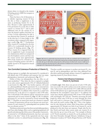 ©2013LandesBioscience.Donotdistribute.
www.landesbioscience.com	Dermato-Endocrinology	 55
Therefore sensible sun exposure to produce previtamin D3
, vita-
min D3
and its photoproducts may have some additional ben-
efits above and beyond simply taking a vitamin D3
supplement or
ingesting vitamin D3
from dietary sources.
Factors that Influence Cutaneous
Vitamin D3
Synthesis
a) Zenith angle. Only about one percent of solar UVB radia-
tion ever reaches the earth’s surface even in the summer at noon
time.38
The reason is that all of the UV C (200–280 nm) and all
of the UVB radiation up to approximately 290 nm is efficiently
absorbed by the stratospheric ozone layer.38,39
In addition the
ozone layer absorbs approximately 99% of the UVB radiation
with wavelengths 291–320 nm. Therefore increasing the path
length by which solar UVB has to travel through the ozone
layer will result in a decrease in the number of UVB photons
that reach the earth’s surface (Fig. 22).40
This is the explana-
tion for why during the winter when living above and below
approximately 33° latitude very little if any vitamin D3
can be
produced in the skin from sun exposure. People who live far-
ther North and South often cannot make any vitamin D3
in
their skin for up to 6 mo of the year.41
For example in Boston
at 42° North essentially no vitamin D3
can be produced in the
skin from November through February. Inhabitants living in
Edmonton Canada at 52° North, Bergen Norway at 60° North,
dermis where it is bound to the vitamin
D binding protein (DBP) for transport to
the liver.2,5,6,22,29,30
There has been a lot of discussion as
to whether ingesting vitamin D from
the diet or from a supplement is the
same as producing vitamin D3
in the
skin. Because it takes approximately 8
h for previtamin D3
in the skin to fully
convert to vitamin D3
26,27
and it takes
additional time for the vitamin D3
to
enter the dermal capillary bed there are
at least 2 of the explanations for why it
was observed that vitamin D3
produced
in the skin last 2–3 times longer in the
circulation when compared with ingest-
ing it orally (Fig. 16).29,30
Furthermore
when vitamin D3
is produced in the skin
100% of it is potentially bound to the
vitamin D binding protein (Fig. 17).
When vitamin D3
is ingested from the
diet or supplement it gets incorporated
into chylomicrons which are transported
into the lymphatic system and then into
the venous system were approximately
60% of the vitamin D3
is bound to the
vitamin D binding protein and 40% is
rapidly cleared in the lipoprotein bound
fraction.29
Sun Controlled Cutaneous Production of Vitamin D3
During exposure to sunlight after previtamin D3
is produced it
will absorb solar UVB radiation and isomerize into two major
photoproducts, lumisterol3
and tachysterol3
(Fig. 17).31,32
Neither of these two photoproducts has any effect on cal-
cium metabolism.32
Thus when the skin is exposed to sunlight
it can only convert approximately 15% of 7-dehydrocholesterol
to previtamin D3
(Fig. 18).32
Any further exposure will result
in a photoequilibrium whereby previtamin D3
is converted into
lumisterol3
and tachysterol3
as well as revert back to 7-dehydro-
cholesterol (Fig. 17). In addition when vitamin D3
is made from
previtamin D3
in the skin if it is exposed to solar UVB radia-
tion it will absorb UVB radiation and be converted into several
suprasterols and 5,6-trans-vitamin D3
(Figs. 17, 19). In addition
previtamin D3
can also be converted to several toxisterols (Fig.
20).33-36
Therefore no matter how much sun a human is exposed
to vitamin D intoxication will not occur because any excess pre-
vitamin D3
and vitamin D3
is photodegraded into products that
have no calcemic activity.31,32
Thishoweverdoesnotmeanthatthesemyriadofphotoproducts
don’t have other biologic effects such as regulating epidermal cell
growth and reducing risk of skin cancer. One product, lumisterol3
,
if converted to 1,25-dihydroxylumisterol3
may have anti-tumor
effects in the skin.37
Some of the suprasterols also have antip-
roliferative activity in cultured human keratinocytes (Fig. 21).
Figure 7. (A) Seal of a milk bottle that denoted that the milk was irradiated with UV radiation and
contained vitamin D. (B) Cap of a milk bottle stating that activated ergosterol has been added to
the milk. (C) Cap of milk bottle stating that the milk had been fortified with vitamin D. (D) Seal of
a bottle of milk that denoted that the milk had been irradiated and contained vitamin D. Holick,
copyright 2013. Reproduced with permission.
 