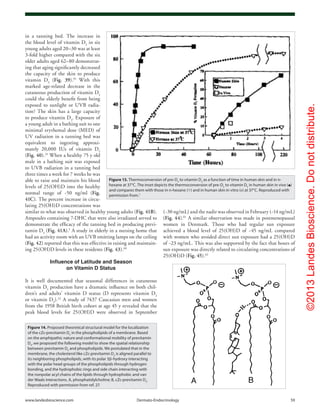 ©2013LandesBioscience.Donotdistribute.
www.landesbioscience.com	Dermato-Endocrinology	 59
(~30 ng/mL) and the nadir was observed in February (~14 ng/mL)
(Fig. 44).61
A similar observation was made in postmenopausal
women in Denmark. Those who had regular sun exposure
achieved a blood level of 25(OH)D of ~45 ng/mL compared
with women who avoided direct sun exposure had a 25(OH)D
of ~23 ng/mL. This was also supported by the fact that hours of
sun exposure was directly related to circulating concentrations of
25(OH)D (Fig. 45).62
in a tanning bed. The increase in
the blood level of vitamin D3
in six
young adults aged 20–30 was at least
3-fold higher compared with the six
older adults aged 62–80 demonstrat-
ing that aging significantly decreased
the capacity of the skin to produce
vitamin D3
(Fig. 39).59
With this
marked age-related decrease in the
cutaneous production of vitamin D3
could the elderly benefit from being
exposed to sunlight or UVB radia-
tion? The skin has a large capacity
to produce vitamin D3
. Exposure of
a young adult in a bathing suit to one
minimal erythemal dose (MED) of
UV radiation in a tanning bed was
equivalent to ingesting approxi-
mately 20,000 IUs of vitamin D2
(Fig. 40).25
When a healthy 75 y old
male in a bathing suit was exposed
to UVB radiation in a tanning bed
three times a week for 7 weeks he was
able to raise and maintain his blood
levels of 25(OH)D into the healthy
normal range of ~50 ng/ml (Fig.
41C). The percent increase in circu-
lating 25(OH)D concentrations was
similar to what was observed in healthy young adults (Fig. 41B).
Ampoules containing 7-DHC that were also irradiated served to
demonstrate the efficacy of the tanning bed in producing previ-
tamin D3
(Fig. 41A).5
A study in elderly in a nursing home that
had an activity room with an UVB emitting lamps on the ceiling
(Fig. 42) reported that this was effective in raising and maintain-
ing 25(OH)D levels in these residents (Fig. 43).60
Influence of Latitude and Season
on Vitamin D Status
It is well documented that seasonal differences in cutaneous
vitamin D3
production have a dramatic influence on both chil-
dren’s and adults’ vitamin D status (D represents vitamin D2
or vitamin D3
).22
A study of 7437 Caucasian men and women
from the 1958 British birth cohort at age 45 y revealed that the
peak blood levels for 25(OH)D were observed in September
Figure 13. Thermoconversion of pre-D3
to vitamin D3
as a function of time in human skin and in n-
hexane at 37°C. The inset depicts the thermoconversion of pre-D3
to vitamin D3
in human skin in vivo (◼)
and compares them with those in n-hexane (▽) and in human skin in vitro (ν) at 37°C. Reproduced with
permission from.7
Figure 14. Proposed theoretical structural model for the localization
of the cZc-previtamin D3
in the phospholipids of a membrane. Based
on the amphipathic nature and conformational mobility of previtamin
D3
, we proposed the following model to show the spatial relationship
between previtamin D3
and phospholipids. We postulated that in the
membrane, the cholesterol like cZc-previtamin D3
is aligned parallel to
its neighboring phospholipids, with its polar 3β-hydroxy interacting
with the polar head groups of the phospholipids through hydrogen
bonding, and the hydrophobic rings and side chain interacting with
the nonpolar acyl chains of the lipids through hydrophobic and van
der Waals interactions. A, phosphatidylcholine; B, cZc-previtamin D3
.
Reproduced with permission from ref. 27.
 