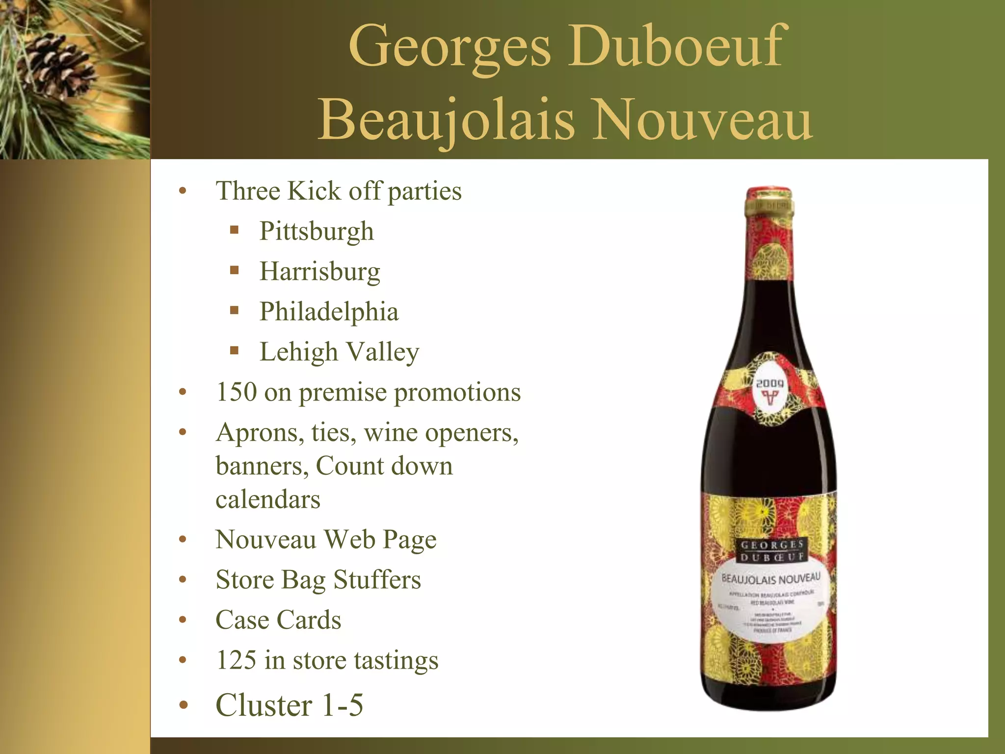 Yellow TailSparkling Rose’Regular $11.99Sale Price - $7.99494 cases last year @$36Zork closure coming soonCluster 1-5