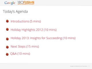Today’s Agenda
Introductions (5 mins)
Holiday Highlights 2012 (10 mins)
Holiday 2013: Insights for Succeeding (10 mins)
Ne...