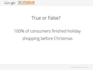 True or False?
100% of consumers ﬁnished holiday
shopping before Christmas

Google Conﬁdential and Proprietary

9

 