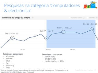 Pesquisas na categoria ‘Computadores 
& electrónica’: 
Google Confidential and Proprietary 25 
Out 27 – Nov 2 
Source: Google Trends, evolução de pesquisas no Google na categoria ‘Computadores & 
electrónica’ em 2013 (Dados para Portugal) 
Dez 22 – Dez 28 
Nov 17 – Nov 23 
Set 15 – Set 21 
Principais pesquisas: 
- windows 
- worten 
- asus 
- hp 
- samsung 
- fnac 
Pesquisas crescentes: 
- ps4 (+ 60%) 
- amd (+ 50%) 
- media market (+ 40%) 
 