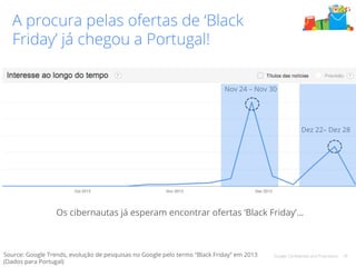 Nov 24 – Nov 30 
Dez 22– Dez 28 
Google Confidential and Proprietary 28 
A procura pelas ofertas de ‘Black 
Friday’ já chegou a Portugal! 
Os cibernautas já esperam encontrar ofertas ‘Black Friday’… 
Source: Google Trends, evolução de pesquisas no Google pelo termo “Black Friday” em 2013 
(Dados para Portugal) 
 