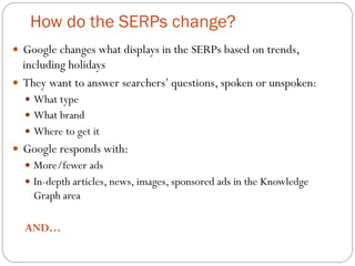 How do the SERPs change? 
— Google changes what displays in the SERPs based on trends, 
including holidays 
— They want to answer searchers’ questions, spoken or unspoken: 
— What type 
— What brand 
— Where to get it 
— Google responds with: 
— More/fewer ads 
— In-depth articles, news, images, sponsored ads in the Knowledge 
Graph area 
AND… 
 