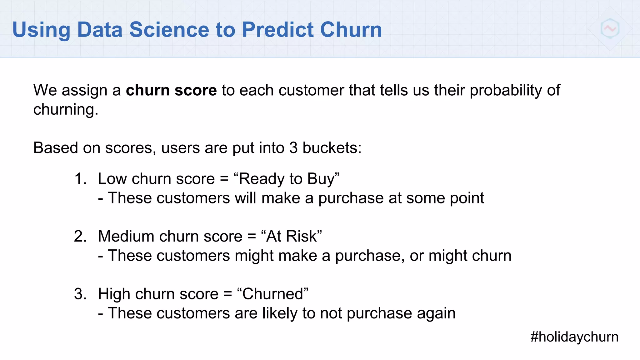Using Data Science to Predict Churn
We assign a churn score to each customer that tells us their probability of
churning.
Based on scores, users are put into 3 buckets:
#holidaychurn
1. Low churn score = “Ready to Buy”
- These customers will make a purchase at some point
2. Medium churn score = “At Risk”
- These customers might make a purchase, or might churn
3. High churn score = “Churned”
- These customers are likely to not purchase again
 