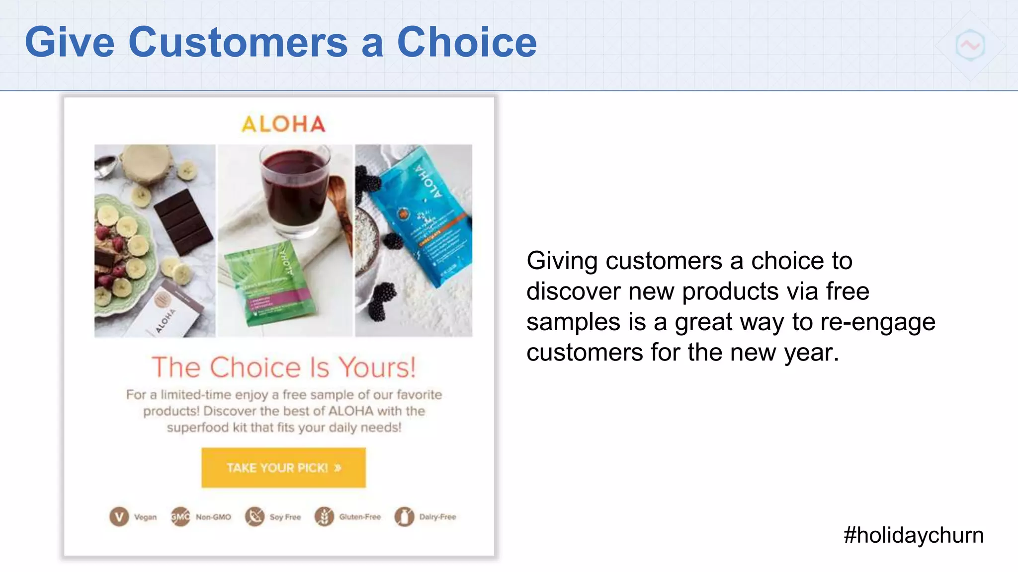 Give Customers a Choice
#holidaychurn
Giving customers a choice to
discover new products via free
samples is a great way to re-engage
customers for the new year.
 