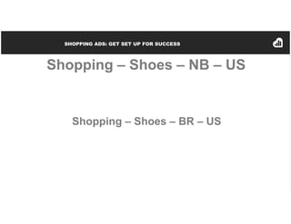 SHOPPING ADS: GET SET UP FOR SUCCESS
Shopping – Shoes – NB – US
Shopping – Shoes – BR – US
Brand & SKU filter through
SKU ...