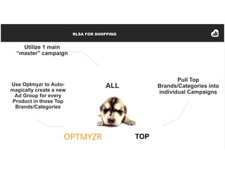 RLSA FOR SHOPPING
ALL
TOP
Utilize 1 main
“master” campaign
Pull Top
Brands/Categories into
individual Campaigns
Use Optmyz...