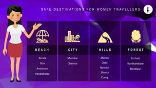 B E A C H
Kerala
Goa
Andaman
Pondicherry
H I L L S
Manali
Ooty
Nainital
Shimla
Coorg
C I T Y
Mumbai
Chennai
F O R E S T
Corbett
Ranthambore
Bandipur
S A F E D E S T I N A T I O N S F O R W O M E N T R A V E L L E R S
 