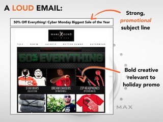 A LOUD EMAIL:
50% Off Everything! Cyber Monday Biggest Sale of the Year

Strong,
promotional
subject line

Bold creative
relevant to
holiday promo

 
