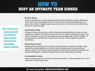 HOW TO
                HOST AN INTIMATE TEAM DINNER

                    Sit Here, Please
                    Use your seating plan to create intentional alliances that benefit team building. Make place
                    cards. Don’t worry that people will think it’s overly formal. People appreciate that you’ve
                    gone to the trouble of assigning seats—plus it saves them from that uncomfortable “where
                    shall I sit?” pre-dinner waltz.
The intimacy of     Set the Mood, Dimly
 passing plates     A brightly lit room will undo all your efforts. Minimize overhead lighting and place as many
 and sharing        candles as possible on the table and around the room to create a soft glow. Go easy on the
                    flowers: they get in the way of conversation and take up space better used for candles. At
 food inspires      the same time, be careful not to make the room too dark. Think energized but soft and
                    comfortable.
 conversation
 and brings         Please Pass the Peas
 people together.   Serving dinner family-style, with a variety of dishes to appeal to all diets and tastes, helps
                    replicate the natural interaction of a family meal and breaks down the physical division
                    between people. The intimacy of passing plates and sharing food inspires conversation and
                    brings people together, creating the opportunity for more substantial conversation.

                    Conversational Cuisine
                    Have something unique on the menu that gets people talking – a local specialty or an “I can’t
                    believe it’s not meat!” vegan dish.


                                                                                                                     13

                      For more free guides: WWW.KEITHFERRAZZI.COM
 