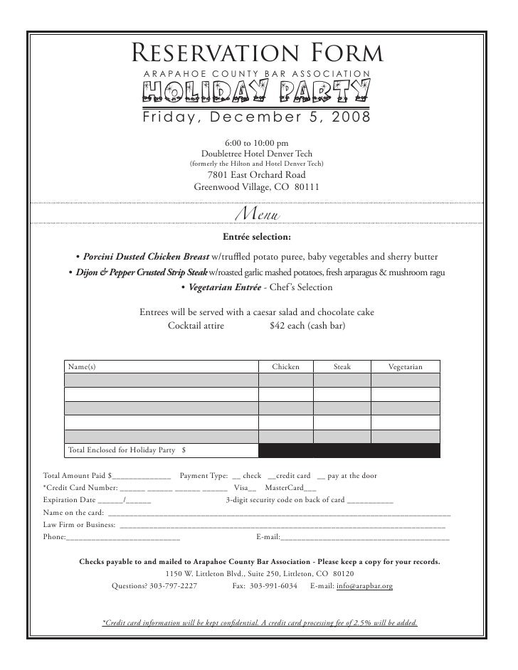 holiday party reservation form reservation form template