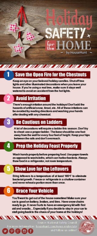 by HouseHunt

1

Save the Open Fire for the Chestnuts

2

Avoid Irritation

3

Be Cautious on Ladders

4

Prep the Holiday Feast Properly

5

Show Love for the Leftovers

6

Brace Your Vehicle

 