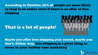 According to Deloitte, 66% of people are more likely to shop in an online store if there is an offer of free shipping. 
That is a lot of people! 
Maybe you offer free shipping year round, maybe you don’t. Either way, free shipping is a great thing to stress in your holiday time marketing.  