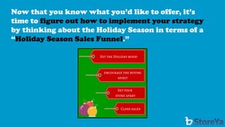 Now that you know what you’d like to offer, it’s time to figure out how to implement your strategyby thinking about the Holiday Season in terms of a “Holiday Season Sales Funnel.”  