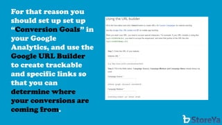 For that reason you should set up set up “Conversion Goals” in your Google Analytics, and use the Google URL Builderto create trackable and specific links so that you can determine where your conversions are coming from.  