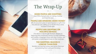 The Wrap-Up
MORE PEOPLE ARE SHOPPING
Over 93% of people plan on making a holiday
purchase this year.
PEOPLE ARE SPENDING MORE MONEY
41% of consumers plan on spending more on gifts than
they did last year, adding up to the $10 billion dollar
increase in total sales.
PEOPLE ARE SHOPPING ON
MULTIPLE DEVICES
One device is not enough anymore. People are
beginning their preliminary research on their desktops
and mobiles, shopping in-store with their mobiles, and
ultimately completing purchases on their desktops.
THE SHOPPING SEASON IS
LONGER THAN EVER
Retailers are starting holiday sales earlier than ever
and extending them well past Christmas.
Source: Mintel, 2016.MNI Targeted Media Inc. | 2016 Holiday Shopping Trends
 