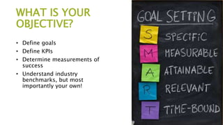 WHAT IS YOUR
OBJECTIVE?
• Define goals
• Define KPIs
• Determine measurements of
success
• Understand industry
benchmarks, but most
importantly your own!
 