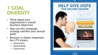1 GOAL
DIVERSITY
• Think about your
organization’s overall
business objectives
• How can this campaign
strategy satisfies your annual
goals
• Revenue is always important,
but LTV means:
• Acquisition
• Stewardship
• Conversion
 