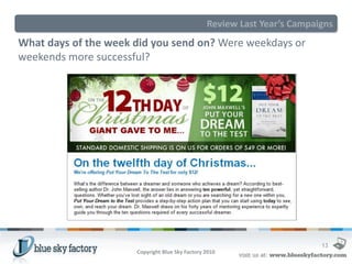 Review Last Year’s Campaigns
What days of the week did you send on? Were weekdays or
weekends more successful?




                                                                          13
                      Copyright Blue Sky Factory 2010
 