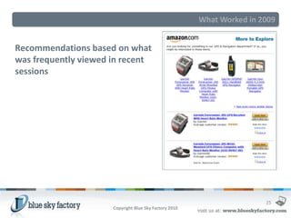 What Worked in 2009


Recommendations based on what
was frequently viewed in recent
sessions




                                                                        25
                      Copyright Blue Sky Factory 2010
 