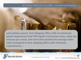 No Matter What the Core Offer…Include Free Shipping!




Last holiday season, free shipping offers with no minimum
spend requirement had 70% higher transaction rates, triple the
revenue per email, and more than double the average order
value compared to free shipping offers with minimum
requirements. 1
1 Experian Marketing Services’ annual 2010 Holiday Marketer: Benchmark and Trend Report (2010) 2 Flickr Photo Credit: Robert S. Donovan


                                                                                                                                     29
                                                 Copyright Blue Sky Factory 2010
 