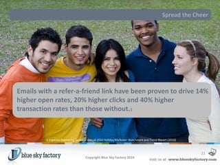 Spread the Cheer




Emails with a refer-a-friend link have been proven to drive 14%
higher open rates, 20% higher clicks and 40% higher
transaction rates than those without.1



         1 Experian Marketing Services’ annual 2010 Holiday Marketer: Benchmark and Trend Report (2010)


                                                                                                          33
                                     Copyright Blue Sky Factory 2010
 