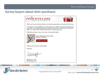 Post-Holiday Emails
Survey buyers about their purchases




                                                                         41
                       Copyright Blue Sky Factory 2010
 