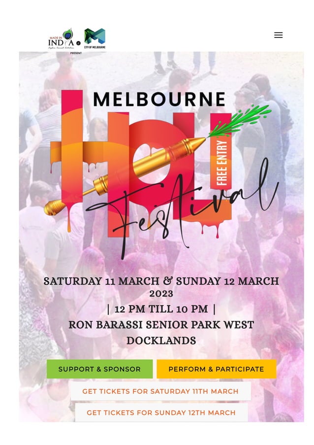 Holi Festival Melbourne 11th March and 12th March 2023
