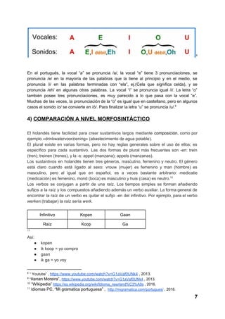  8
 
 
En el portugués, la vocal “a” se pronuncia /a/, la vocal “e” tiene 3 pronunciaciones, se                               
pronuncia /e/ en la mayoría de las palabras que la tiene al principio y en el medio, se                                   
pronuncia /i/ en las palabras terminadas con “ela”, ej.(Cela que significa celda), y se                           
pronuncia /eh/ en algunas otras palabras. La vocal “i” se pronuncia igual /i/. La letra “o”                               
también posee tres pronunciaciones, es muy parecido a lo que pasa con la vocal “e”.                             
Muchas de las veces, la pronunciación de la “o” es igual que en castellano, pero en algunos                                 
casos el sonido /o/ se convierte en /ó/. Para finalizar la letra “u” se pronuncia /u/.  9
 
4) ​COMPARACIÓN A NIVEL MORFOSINTÁCTICO 
 
El holandés tiene facilidad para crear sustantivos largos mediante ​composición​, como por                       
ejemplo «drinkwatervoorziening» (abastecimiento de agua potable). 
El plural existe en varias formas, pero no hay reglas generales sobre el uso de ellos; es                                 
específico para cada sustantivo. Las dos formas de plural más frecuentes son ­en: trein                           
(tren); treinen (trenes), y la ­s: appel (manzana); appels (manzanas). 
Los sustantivos en holandés tienen tres géneros, masculino, femenino y neutro. El género                         
está claro cuando está ligado al sexo: vrouw (mujer) es femenino y man (hombre) es                             
masculino, pero al igual que en español, es a veces bastante arbitrario: medicatie                         
(medicación) es femenino, mond (boca) es masculino y huis (casa) es neutro.  10
Los verbos se conjugan a partir de una raíz. Los tiempos simples se forman añadiendo                             
sufijos a la raíz y los compuestos añadiendo además un verbo auxiliar. La forma general de                               
encontrar la raíz de un verbo es quitar el sufijo ­en del infinitivo. Por ejemplo, para el verbo                                   
werken​ (trabajar) la raíz sería ​werk​. 
 
Infinitivo  Kopen  Gaan 
Raíz  Koop  Ga 
 11
Así: 
● kopen 
● ik koop = yo compro 
● gaan 
● ik ga = yo voy 
8
 “ Youtube” , ​https://www.youtube.com/watch?v=G1aVaf0UNk4​ , 2013. 
9
 “R​enan Moreira”,​ ​https://www.youtube.com/watch?v=G1aVaf0UNk4​ , 2013. 
10
 “Wikipedia”​ ​https://es.wikipedia.org/wiki/Idioma_neerland%C3%A9s​ , 2016. 
11
 I​diomas PC, “Mi gramatica portuguesa” , ​ ​http://migramatica.com/portugues/​ , 2016. 
7 
 