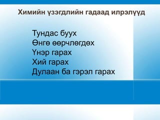 Химийн үзэгдлийн гадаад илрэлүүд

   Тундас буух
   Өнгө өөрчлөгдөх
   Үнэр гарах
   Хий гарах
   Дулаан ба гэрэл гарах
 