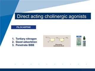 www.company.com
Direct acting cholinergic agonists
PILOCARPINE
1. Tertiary nitrogen
2. Good adsorbtion
3. Penetrate BBB
 