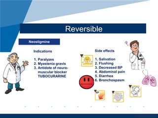www.company.com
Reversible
Neostigmine
1. Paralyzes
2. Myastenia gravis
3. Antidote of neuro-
muscular blocker
TUBOCURARINE
Indications Side effects
1. Salivation
2. Flushing
3. Decreased BP
4. Abdominal pain
5. Diarrhea
6. Bronchospasm
 