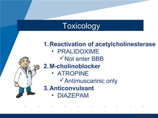 www.company.com
Toxicology
1.Reactivation of acetylcholinesterase
• PRALIDOXIME
Not enter BBB
2.M-cholinoblocker
• ATROPINE
Antimuscarinic only
3.Anticonvulsant
• DIAZEPAM
 