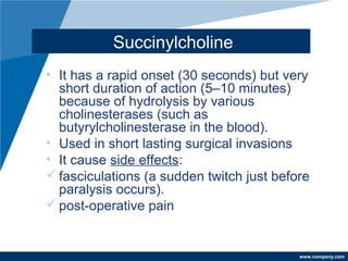 www.company.com
Succinylcholine
• It has a rapid onset (30 seconds) but very
short duration of action (5–10 minutes)
because of hydrolysis by various
cholinesterases (such as
butyrylcholinesterase in the blood).
• Used in short lasting surgical invasions
• It cause side effects:
fasciculations (a sudden twitch just before
paralysis occurs).
post-operative pain
 