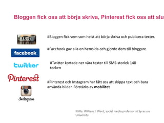 Bloggen fick oss att börja skriva, Pinterest fick oss att slut


             #Bloggen fick vem som helst att börja skriva och publicera texter.

             #Facebook gav alla en hemsida och gjorde dem till bloggare.


              #Twitter kortade ner våra texter till SMS-storlek 140
              tecken


             #Pinterest och Instagram har fått oss att skippa text och bara
             använda bilder. Förstärks av mobilitet




                              Källla: William J. Ward, social media professor at Syracuse
                              University.
 