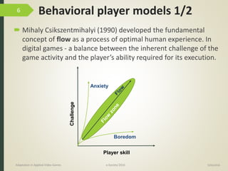 Behavioral player models 1/2
 Mihaly Csikszentmihalyi (1990) developed the fundamental
concept of flow as a process of optimal human experience. In
digital games - a balance between the inherent challenge of the
game activity and the player’s ability required for its execution.
9/04/2016Adaptation in Applied Video Games e-Society’2016
6
Player skill
Challenge
Boredom
Anxiety
 