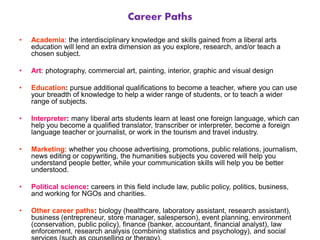 Career Paths
• Academia: the interdisciplinary knowledge and skills gained from a liberal arts
education will lend an extra dimension as you explore, research, and/or teach a
chosen subject.
• Art: photography, commercial art, painting, interior, graphic and visual design
• Education: pursue additional qualifications to become a teacher, where you can use
your breadth of knowledge to help a wider range of students, or to teach a wider
range of subjects.
• Interpreter: many liberal arts students learn at least one foreign language, which can
help you become a qualified translator, transcriber or interpreter, become a foreign
language teacher or journalist, or work in the tourism and travel industry.
• Marketing: whether you choose advertising, promotions, public relations, journalism,
news editing or copywriting, the humanities subjects you covered will help you
understand people better, while your communication skills will help you be better
understood.
• Political science: careers in this field include law, public policy, politics, business,
and working for NGOs and charities.
• Other career paths: biology (healthcare, laboratory assistant, research assistant),
business (entrepreneur, store manager, salesperson), event planning, environment
(conservation, public policy), finance (banker, accountant, financial analyst), law
enforcement, research analysis (combining statistics and psychology), and social
 