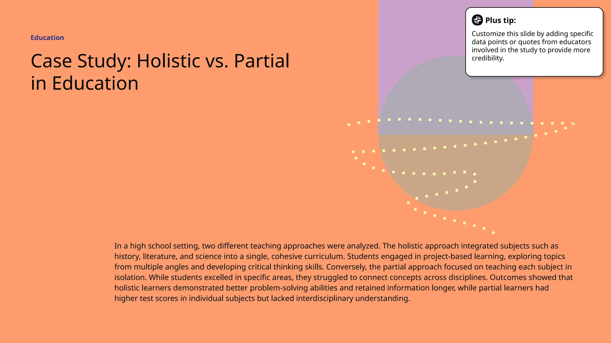 Case Study: Holistic vs. Partial
in Education
In a high school setting, two different teaching approaches were analyzed. The holistic approach integrated subjects such as
history, literature, and science into a single, cohesive curriculum. Students engaged in project-based learning, exploring topics
from multiple angles and developing critical thinking skills. Conversely, the partial approach focused on teaching each subject in
isolation. While students excelled in specific areas, they struggled to connect concepts across disciplines. Outcomes showed that
holistic learners demonstrated better problem-solving abilities and retained information longer, while partial learners had
higher test scores in individual subjects but lacked interdisciplinary understanding.
Education
Plus tip:
Customize this slide by adding specific
data points or quotes from educators
involved in the study to provide more
credibility.
 