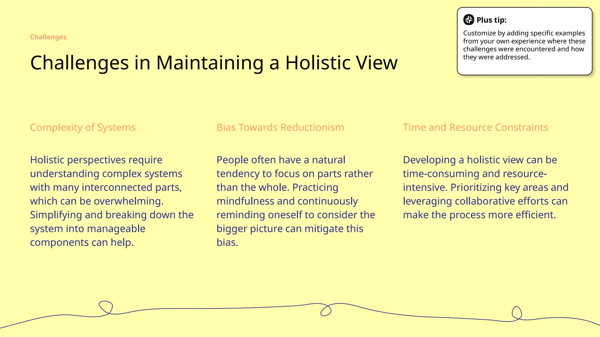 Challenges in Maintaining a Holistic View
Complexity of Systems Bias Towards Reductionism Time and Resource Constraints
Holistic perspectives require
understanding complex systems
with many interconnected parts,
which can be overwhelming.
Simplifying and breaking down the
system into manageable
components can help.
People often have a natural
tendency to focus on parts rather
than the whole. Practicing
mindfulness and continuously
reminding oneself to consider the
bigger picture can mitigate this
bias.
Developing a holistic view can be
time-consuming and resource-
intensive. Prioritizing key areas and
leveraging collaborative efforts can
make the process more efficient.
Challenges
Plus tip:
Customize by adding specific examples
from your own experience where these
challenges were encountered and how
they were addressed.
 