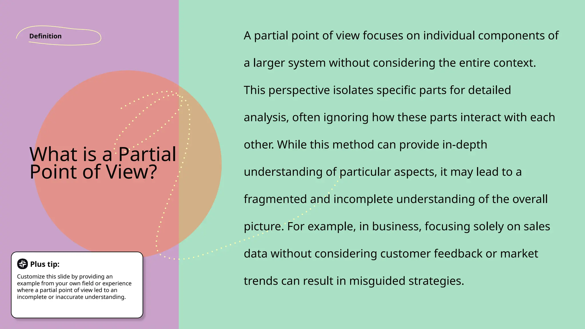 A partial point of view focuses on individual components of
a larger system without considering the entire context.
This perspective isolates specific parts for detailed
analysis, often ignoring how these parts interact with each
other. While this method can provide in-depth
understanding of particular aspects, it may lead to a
fragmented and incomplete understanding of the overall
picture. For example, in business, focusing solely on sales
data without considering customer feedback or market
trends can result in misguided strategies.
What is a Partial
Point of View?
Definition
Plus tip:
Customize this slide by providing an
example from your own field or experience
where a partial point of view led to an
incomplete or inaccurate understanding.
 
