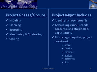 Project Phases/Groups:                      Project Mgmt Includes:
   Initiating                               Identifying requirements
   Planning                                 Addressing various needs,
   Executing                                 concerns, and stakeholder
   Monitoring & Controlling                  expectations
   Closing                                  Balancing competing project
                                              constraints:
                                                      Scope
                                                      Quality
                                                      Schedule
                                                      Budget
                                                      Resources
                                                      Risk

                               Christian D Kobsa                       10
 
