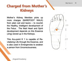 Charged from Mother’s
Kidneys
http://acu.in 11
Mother’s Kidney Meridian picks up
more charges (BAREFOOT WALK)
from plain soil and lawns – to nourish
the Healthy, Intelligent development of
the Fetus. The fetal Heart and Spirit
development depends on this Essence
(Jing) stored up in the Kidneys.
This Acu-point K 1 is capable of Re-
vitalizing Life through the Essence, and
is also used in Emergencies to awaken
a person from Unconsciousness.
Jingwell Academy
 