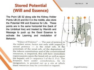Stored Potential
(Will and Essence)
http://acu.in 14
The Point UB 52 along side the Kidney Holder
Points UB 23 and DU 4 in the middle, also store
the Potential Will and Essence for Life. These
points are in the same horizontal line (back of
the Umbilical line) and treated by Warmth and
Massage to push up the Good Essence to
activate the Learning and modulation of
Behavior.
Jingwell Academy
 