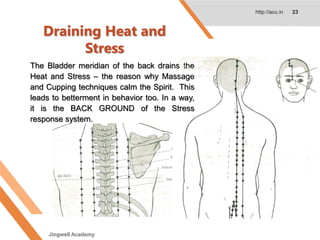 Draining Heat and
Stress
http://acu.in 23
The Bladder meridian of the back drains the
Heat and Stress – the reason why Massage
and Cupping techniques calm the Spirit. This
leads to betterment in behavior too. In a way,
it is the BACK GROUND of the Stress
response system.
Jingwell Academy
 