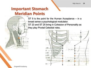 Important Stomach
Meridian Points
http://acu.in 29
ST 9 is the point for the Human Acceptance – in a
broad sense a psychological modulator.
ST 23 and ST 25 bring in Cohesion of Personality as
they play Pivotal Celestial roles.
Jingwell Academy
 
