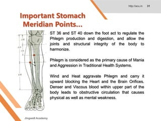 Important Stomach
Meridian Points…
http://acu.in 31
ST 36 and ST 40 down the foot act to regulate the
Phlegm production and digestion, and allow the
joints and structural integrity of the body to
harmonize.
Phlegm is considered as the primary cause of Mania
and Aggression in Traditional Health Systems.
Wind and Heat aggravate Phlegm and carry it
upward blocking the Heart and the Brain Orifices.
Denser and Viscous blood within upper part of the
body leads to obstructive circulation that causes
physical as well as mental weakness.
Jingwell Academy
 
