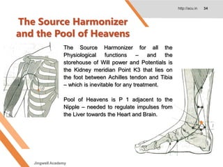 The Source Harmonizer
and the Pool of Heavens
http://acu.in 34
The Source Harmonizer for all the
Physiological functions – and the
storehouse of Will power and Potentials is
the Kidney meridian Point K3 that lies on
the foot between Achilles tendon and Tibia
– which is inevitable for any treatment.
Pool of Heavens is P 1 adjacent to the
Nipple – needed to regulate impulses from
the Liver towards the Heart and Brain.
Jingwell Academy
 